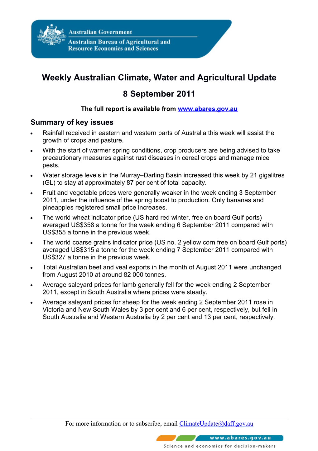 Weekly Australian Climate, Water and Agricultural Update