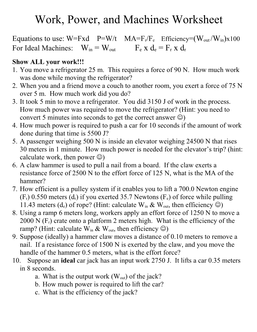 Work, Power, and Machines Worksheet