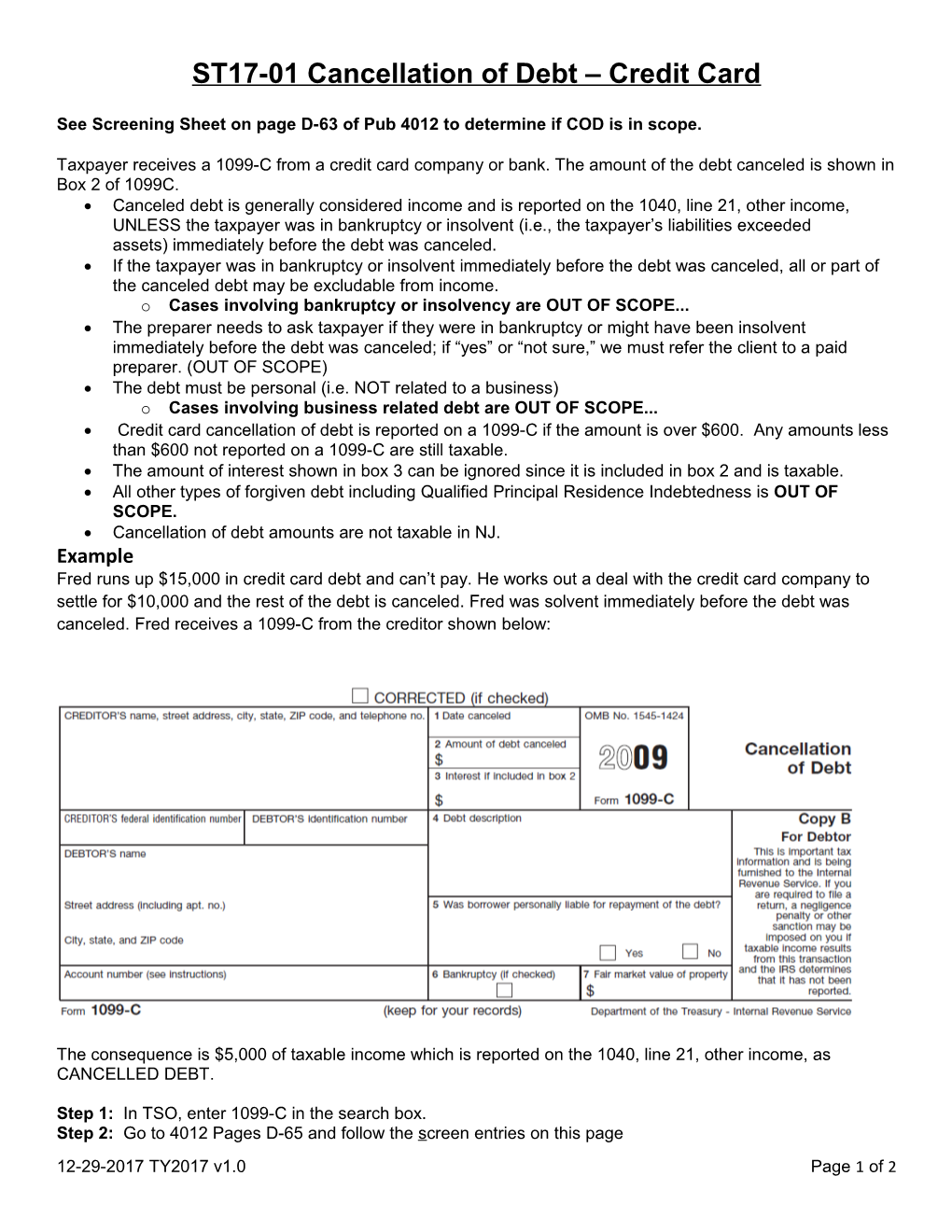 ST17-01 Cancellation of Debt Credit Card