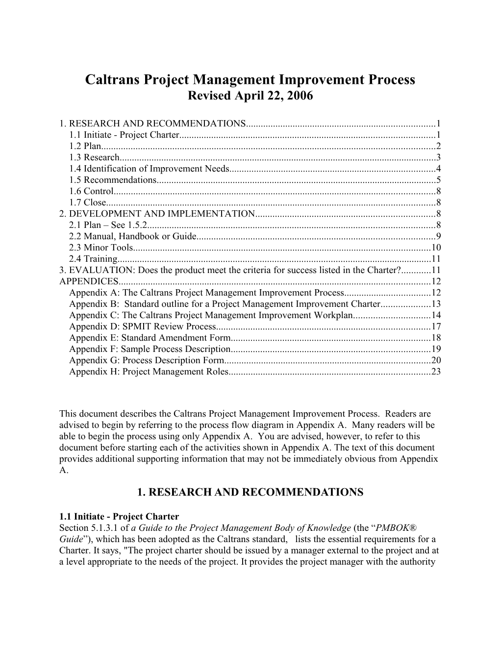 Caltrans Project Management Improvement Process