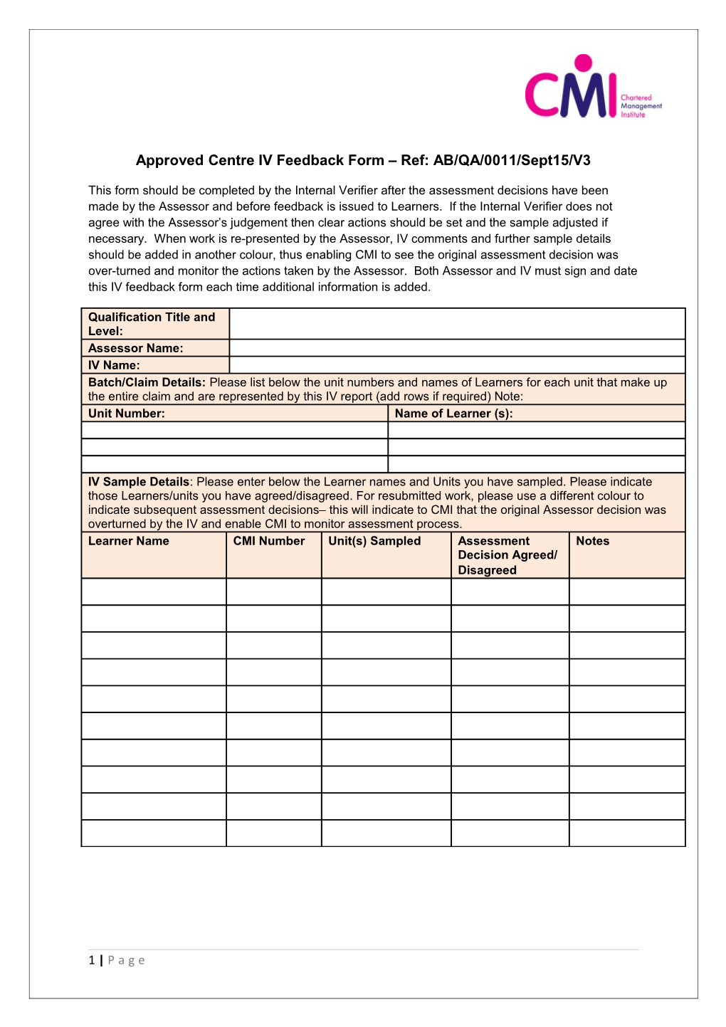 Approved Centre IV Feedback Form Ref: AB/QA/0011/Sept15/V3