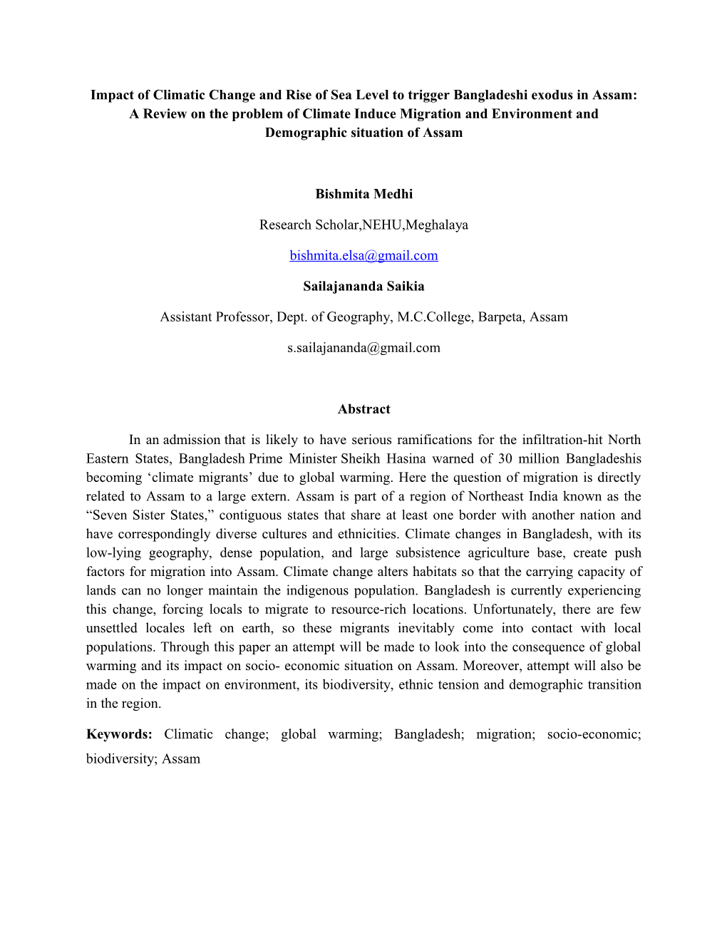 Impact of Climatic Change and Rise of Sea Level to Trigger Bangladeshi Exodus in Assam