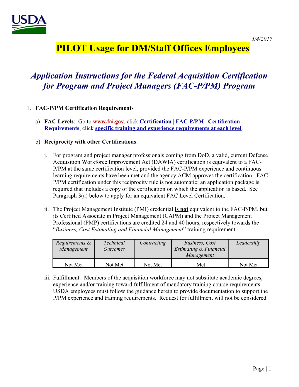 PILOT Usage for DM/Staff Offices Employees