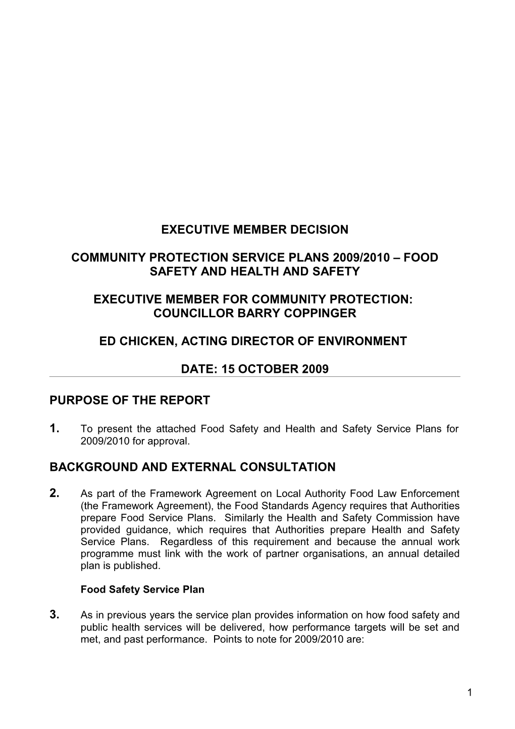 Community Protection Service Plans 2009/2010 Food Safety and Health and Safety
