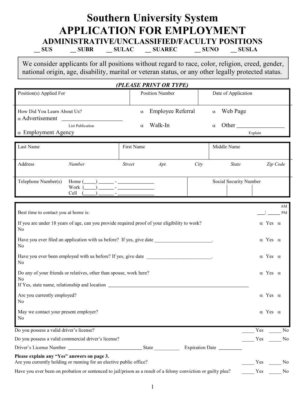 Administrative/Unclassified/Faculty Positions