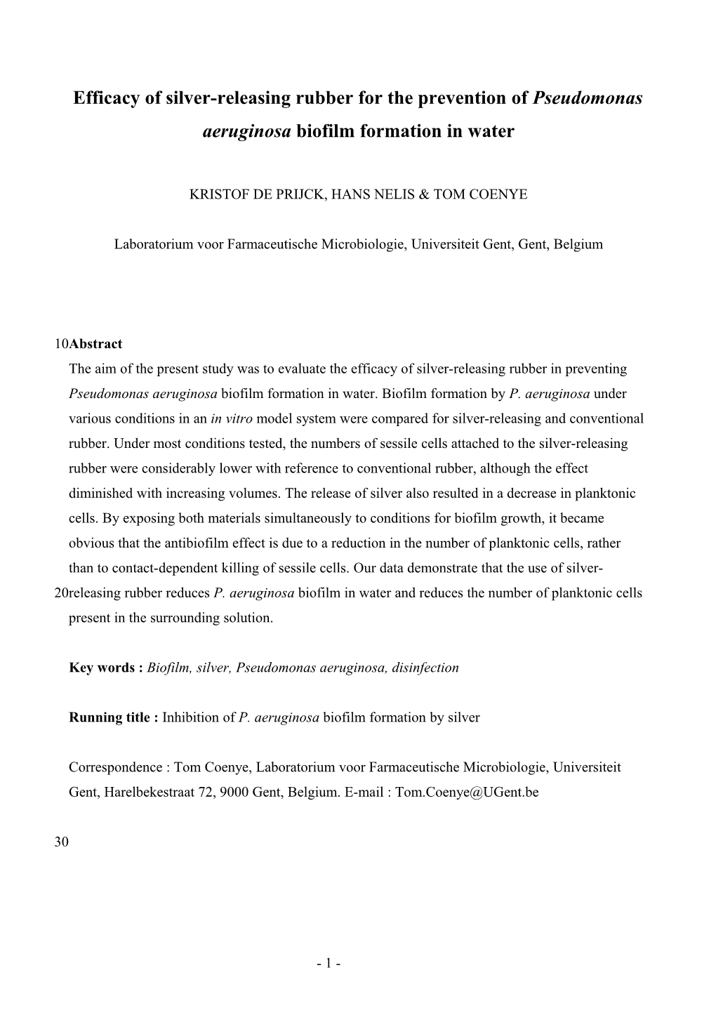 Draft Paper : Prevention of Pseudomonas Aeruginosa Biofilm Formation On