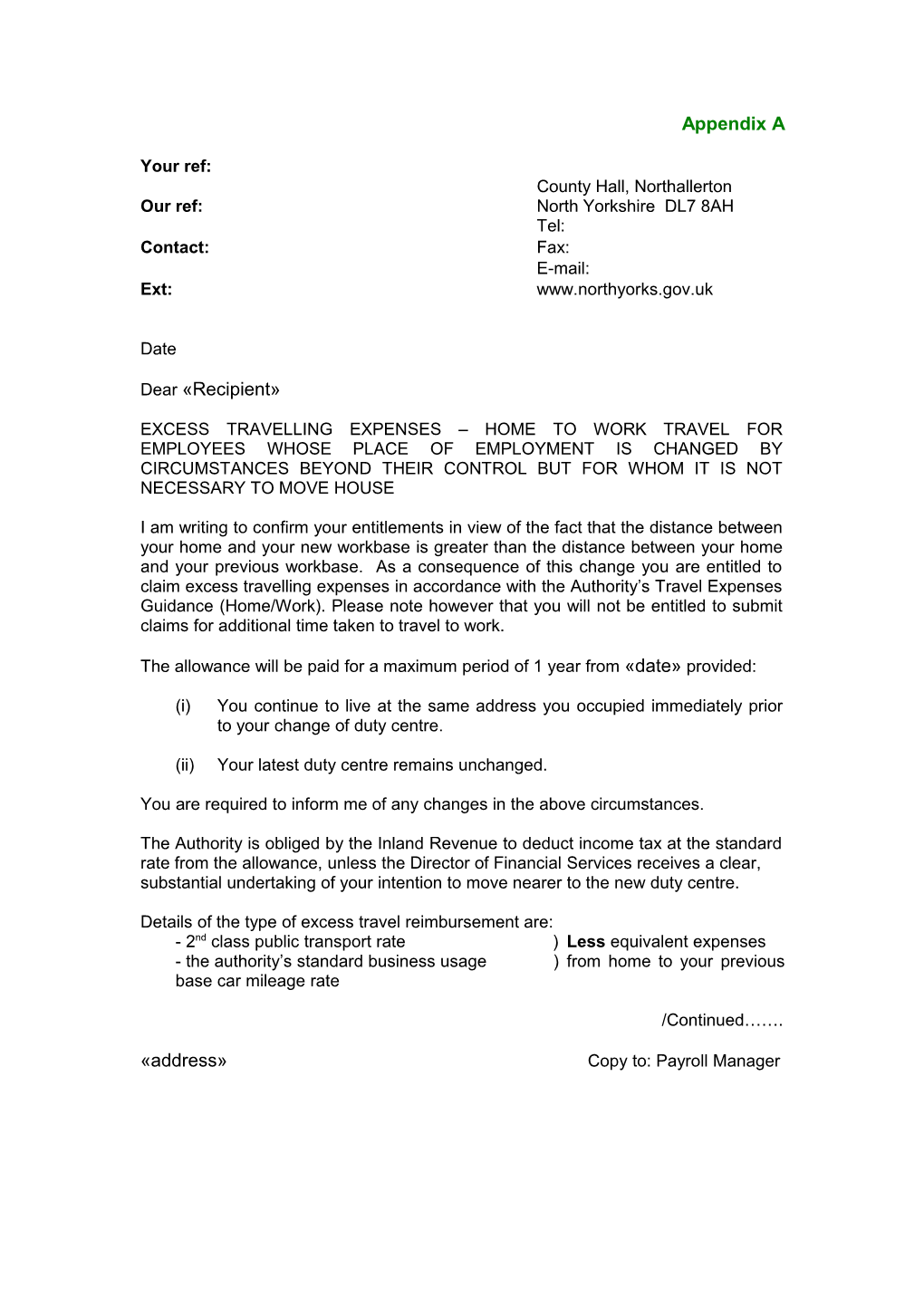 Home to Work Travel Letter Appendix A