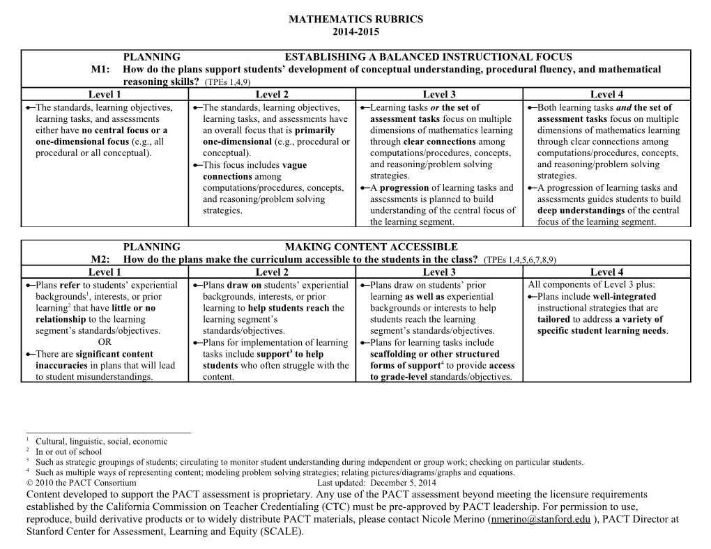 Mathematics Rubrics