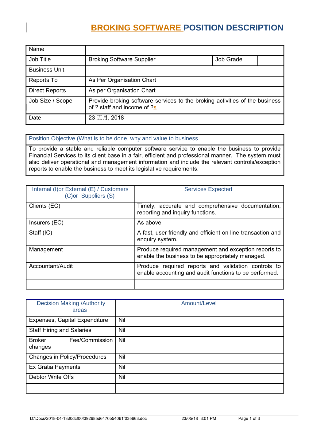 Broking Software Supplier Position Descritpion