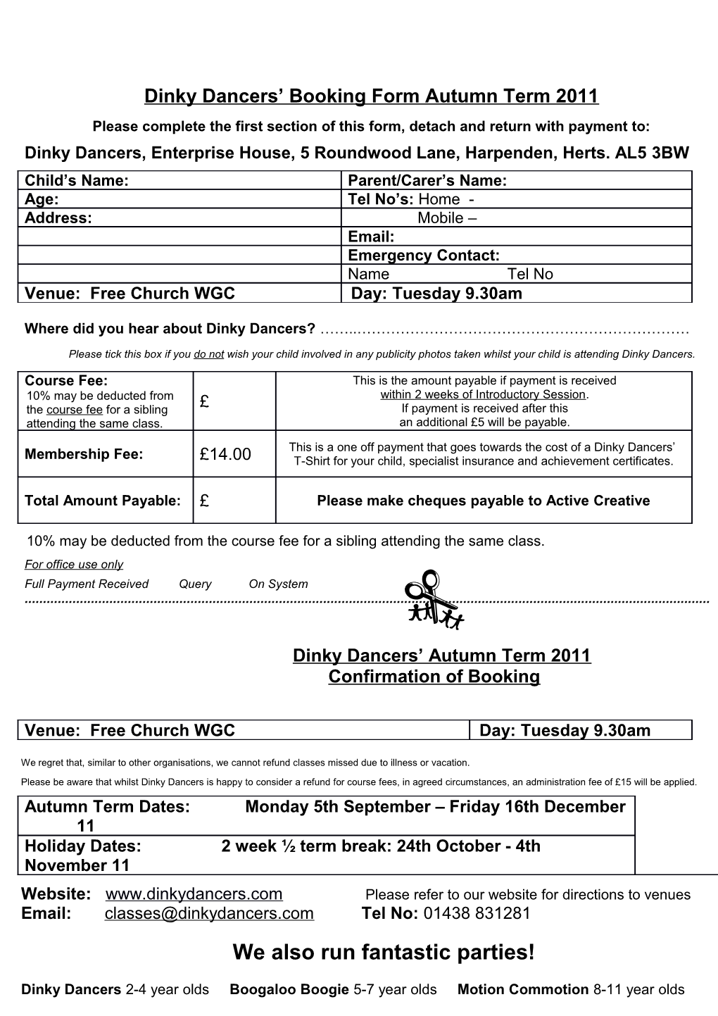 Dinky Dancers Booking Form Autumn Term 2011