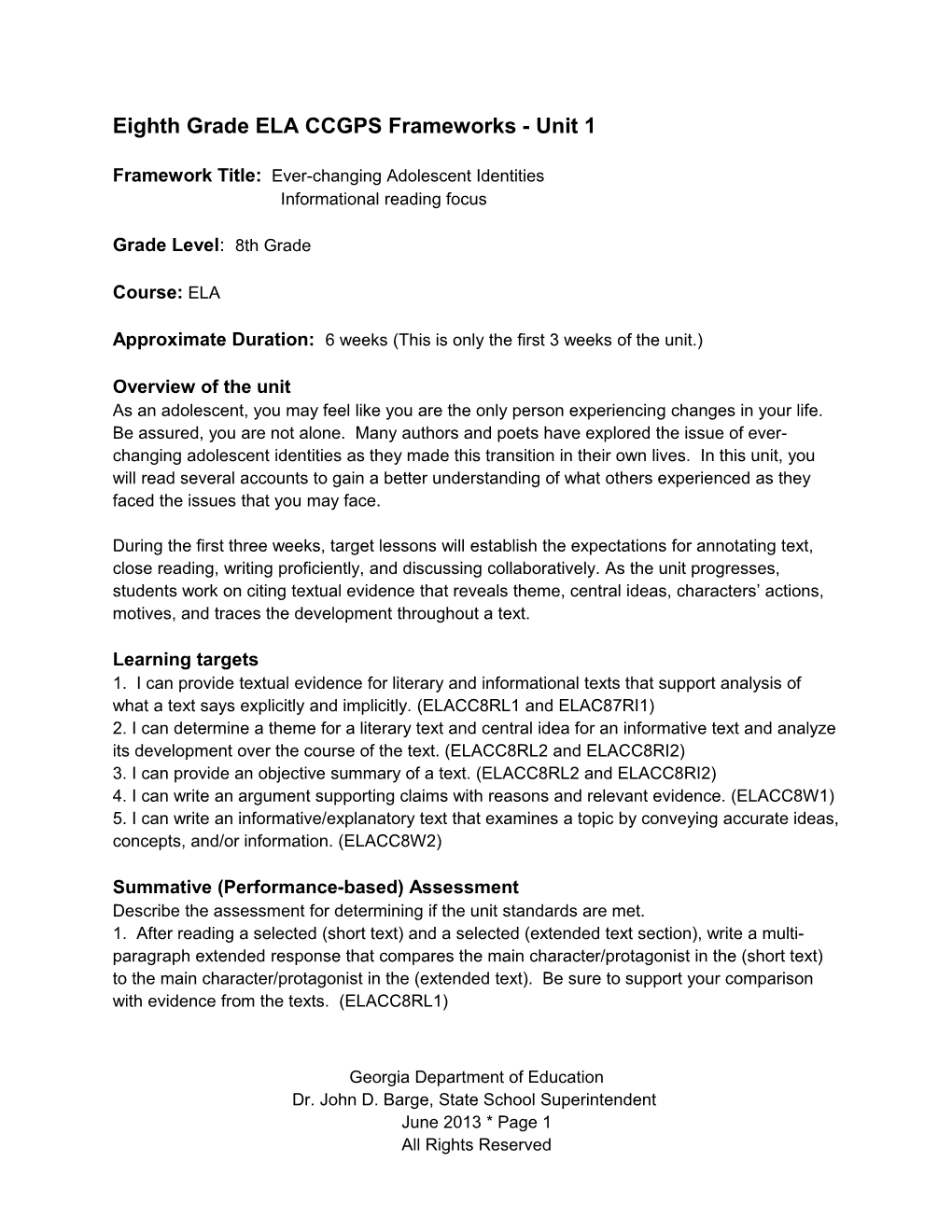 Grade 8 ELA CCGPS Frameworks Unit 1
