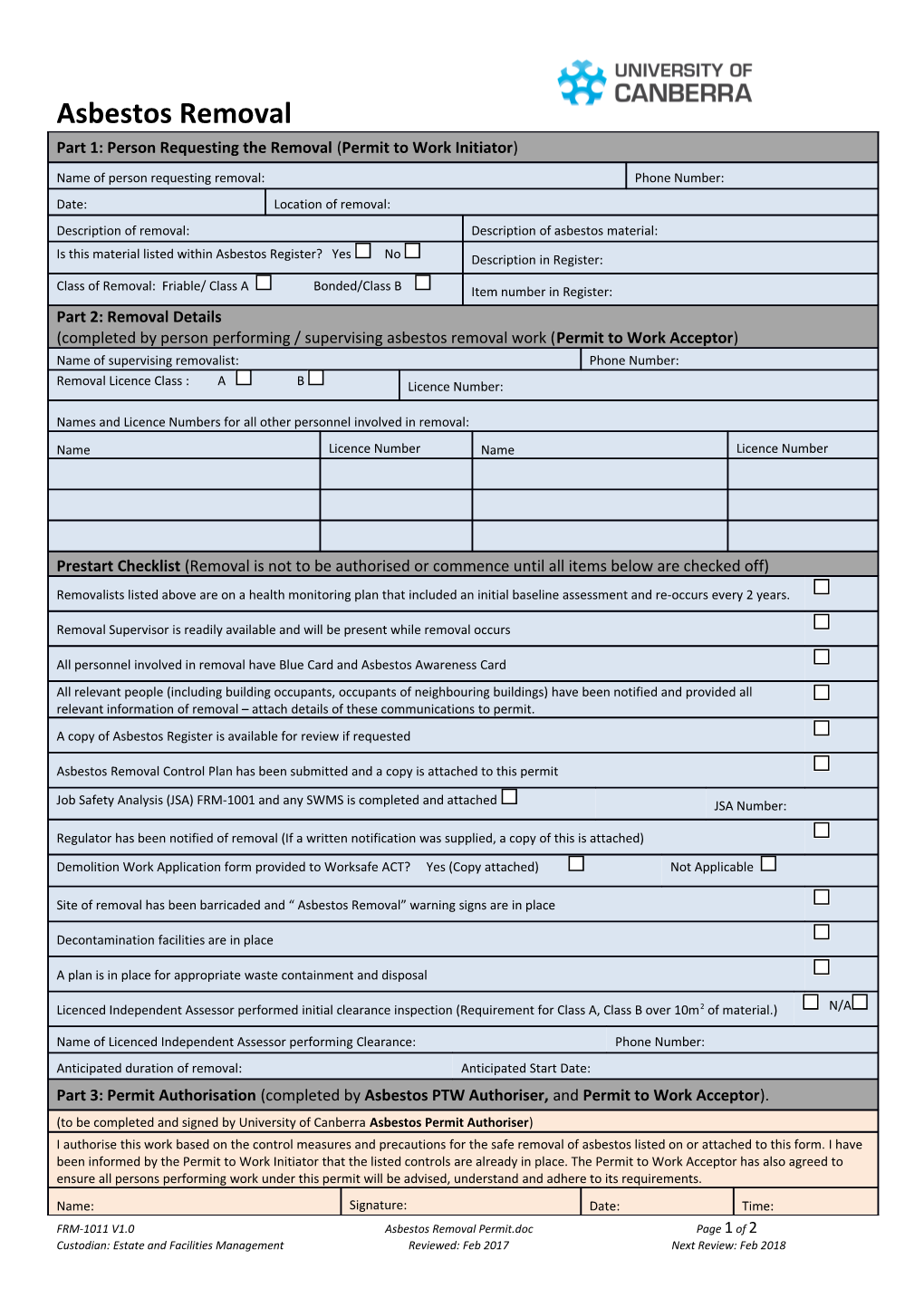 FRM-1011 V1.0 Asbestos Removal Permitpage 1 of 2