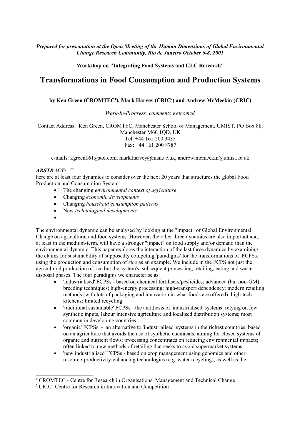 Workshop on Integrating Food Systems and GEC Research