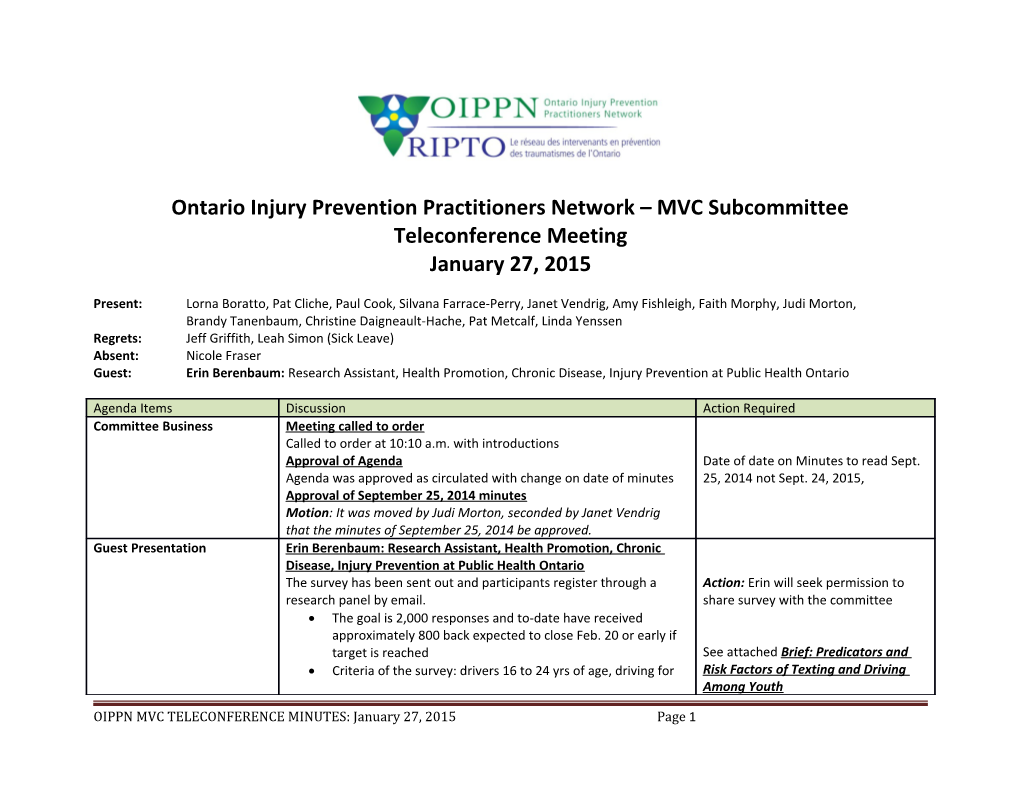 Ontario Injury Prevention Practitioners Network MVC Subcommittee
