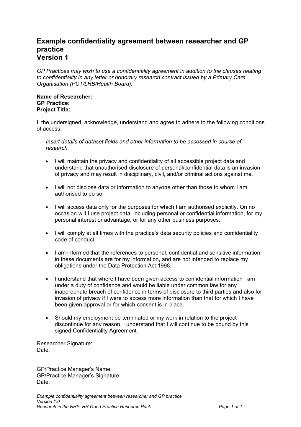 Example Confidentiality Agreement Between Researcher and GP Practice