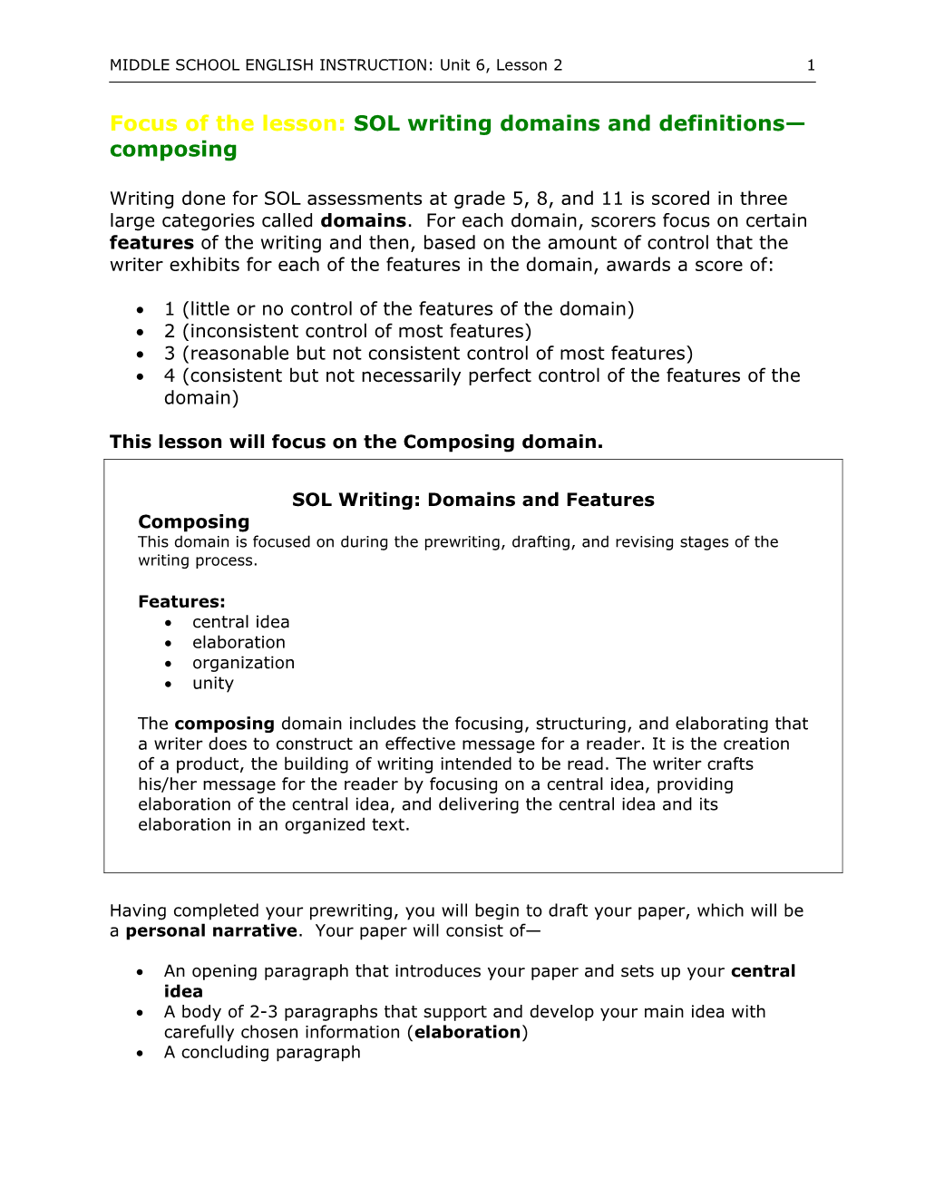 Focus of the Lesson: SOL Writing: Domains and Definitions