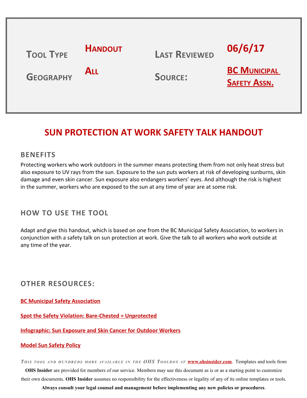 Sun Protection at Work Safety Talk Handout