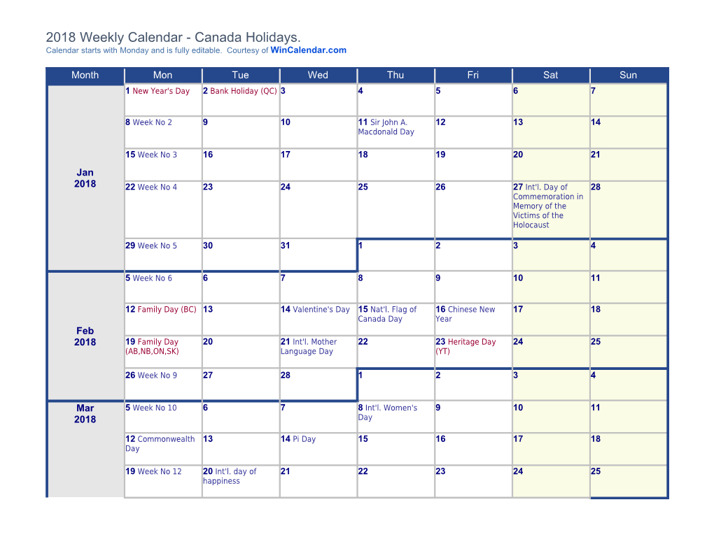 2018 Weekly Calendar with Festive and National Holidays - Canada