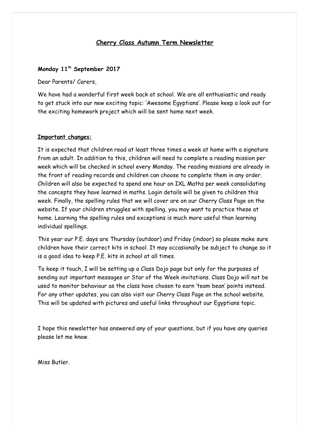 Cherry Class Autumn Term Newsletter