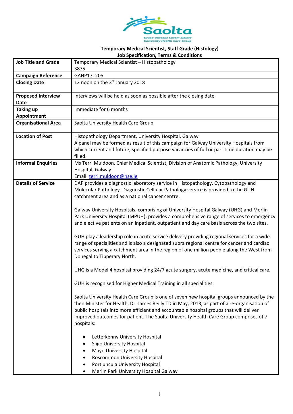 Temporary Medical Scientist, Staff Grade (Histology)