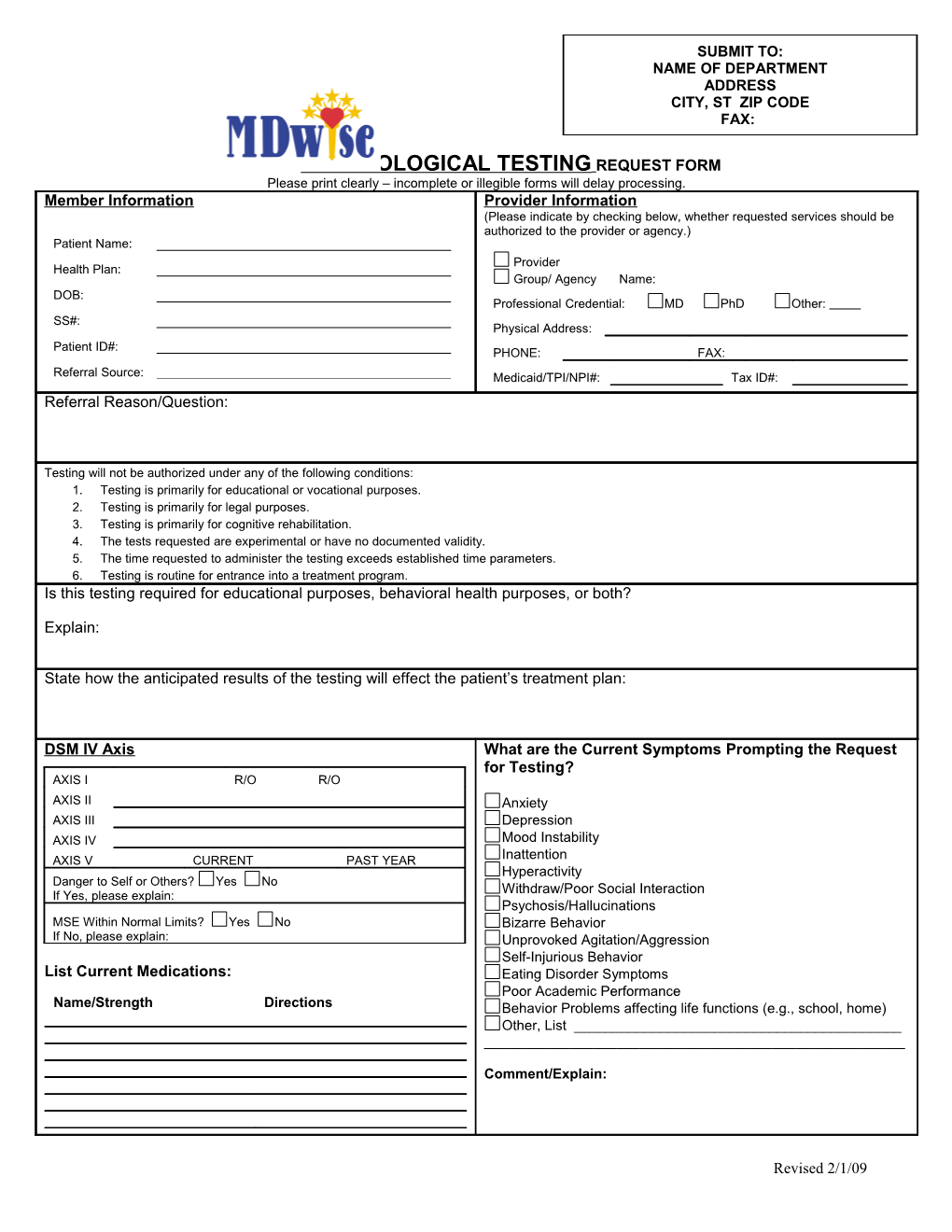 Indiana Psychological Testing Request Form