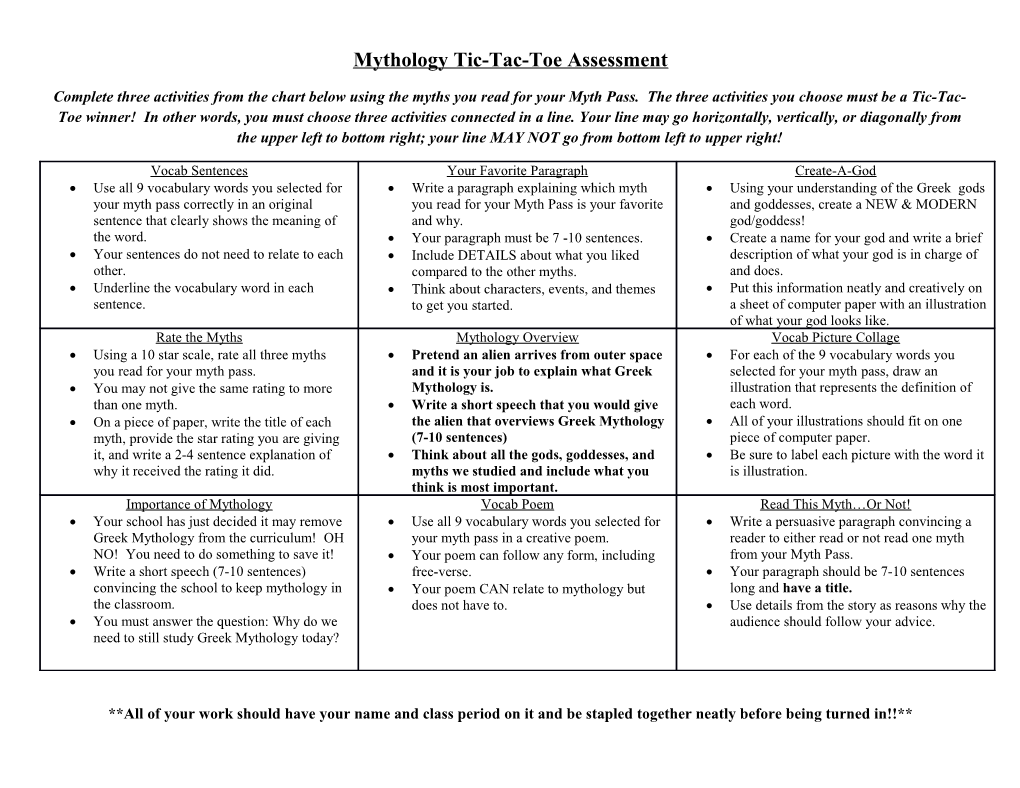 Mythology Tic-Tac-Toe Assessment