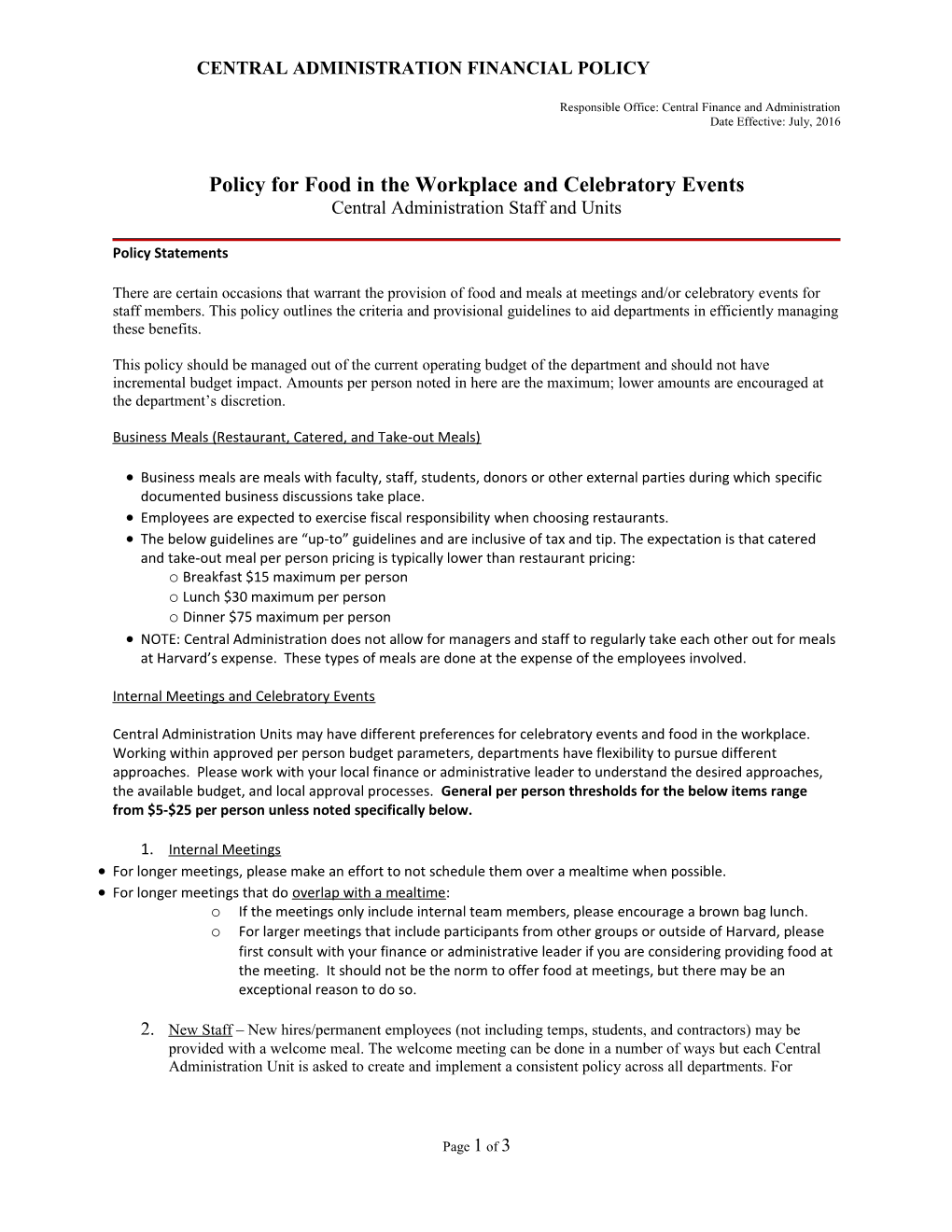 Policy for Food in the Workplace and Celebratory Events