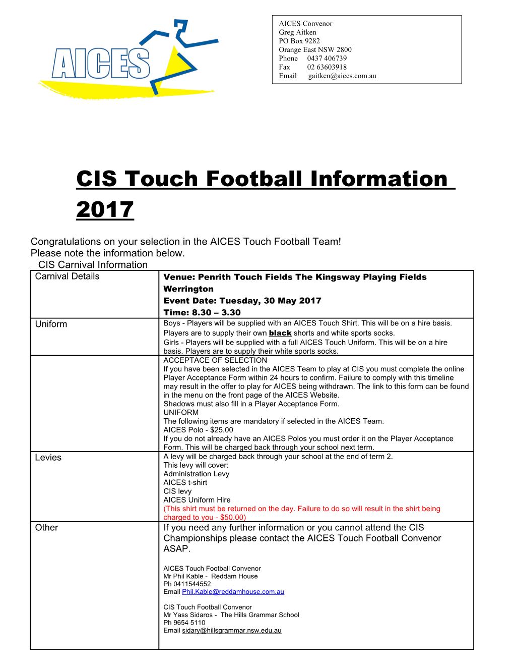 CIS Touch Football Information 2017