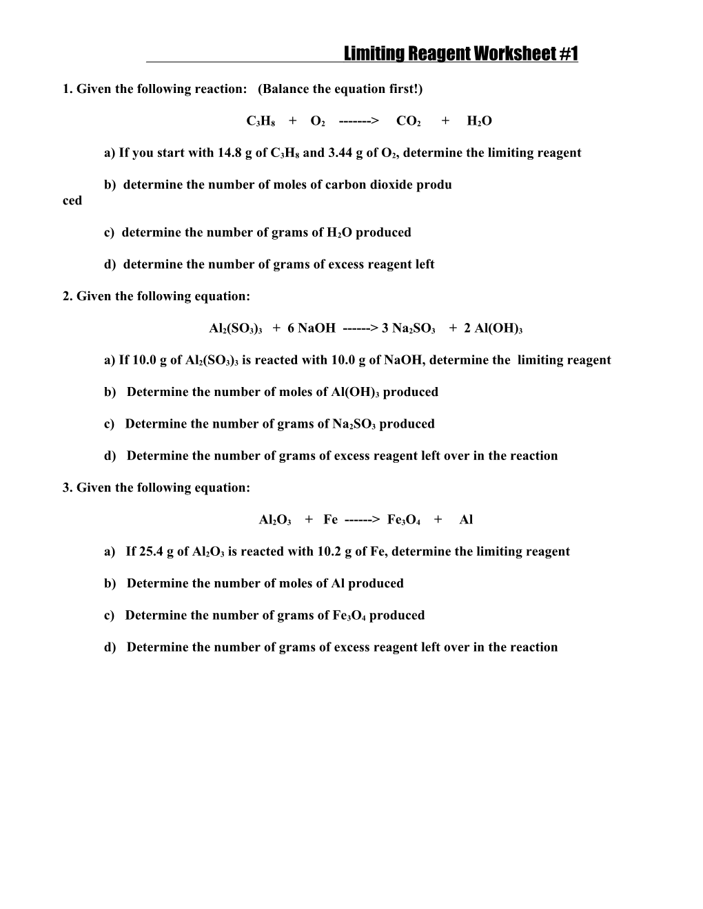 Limiting Reagent Worksheet #1