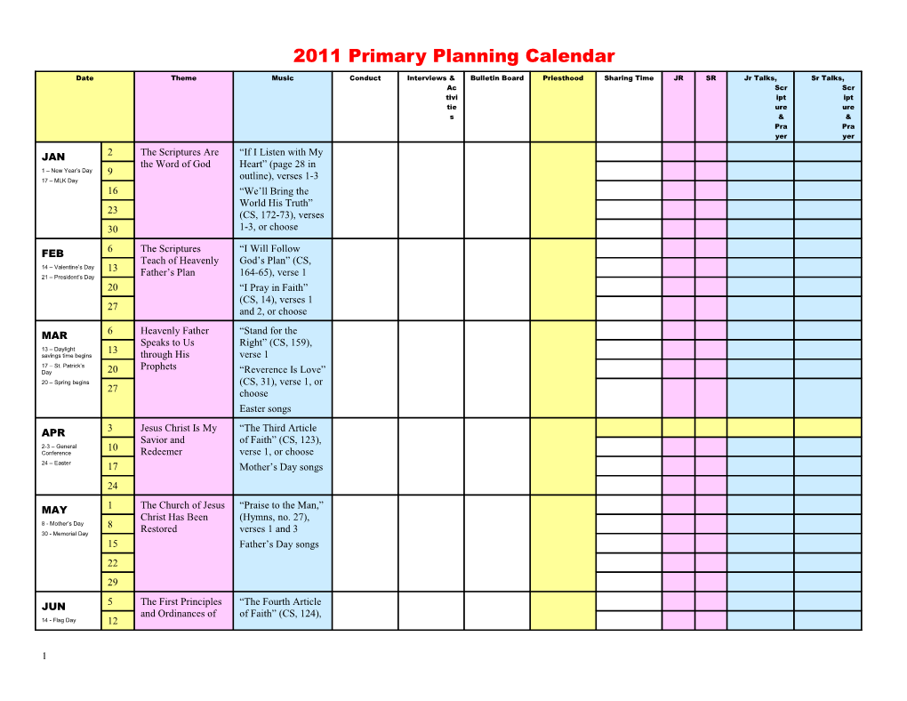 2011 Primary Planning Calendar