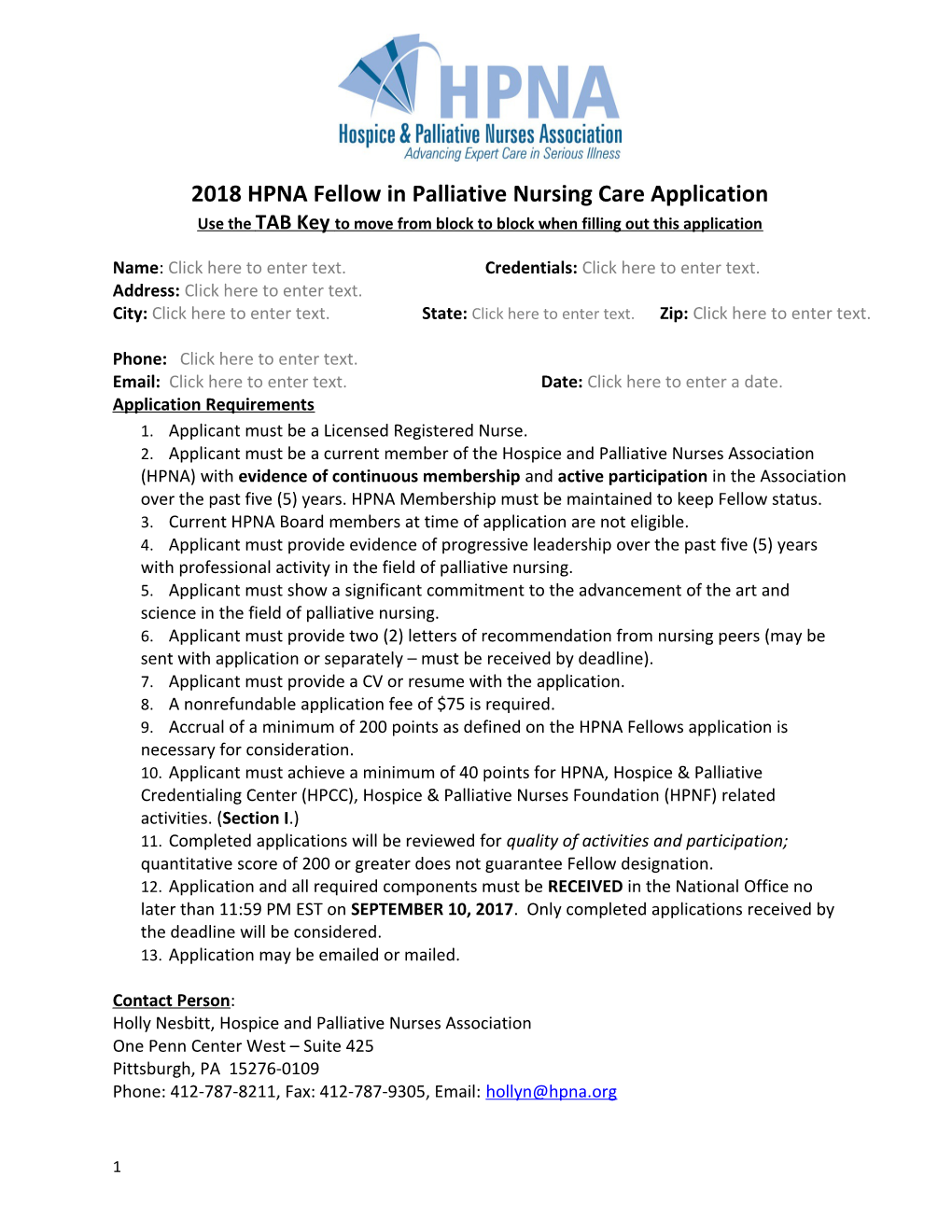 2018 HPNA Fellow in Palliative Nursing Care Application