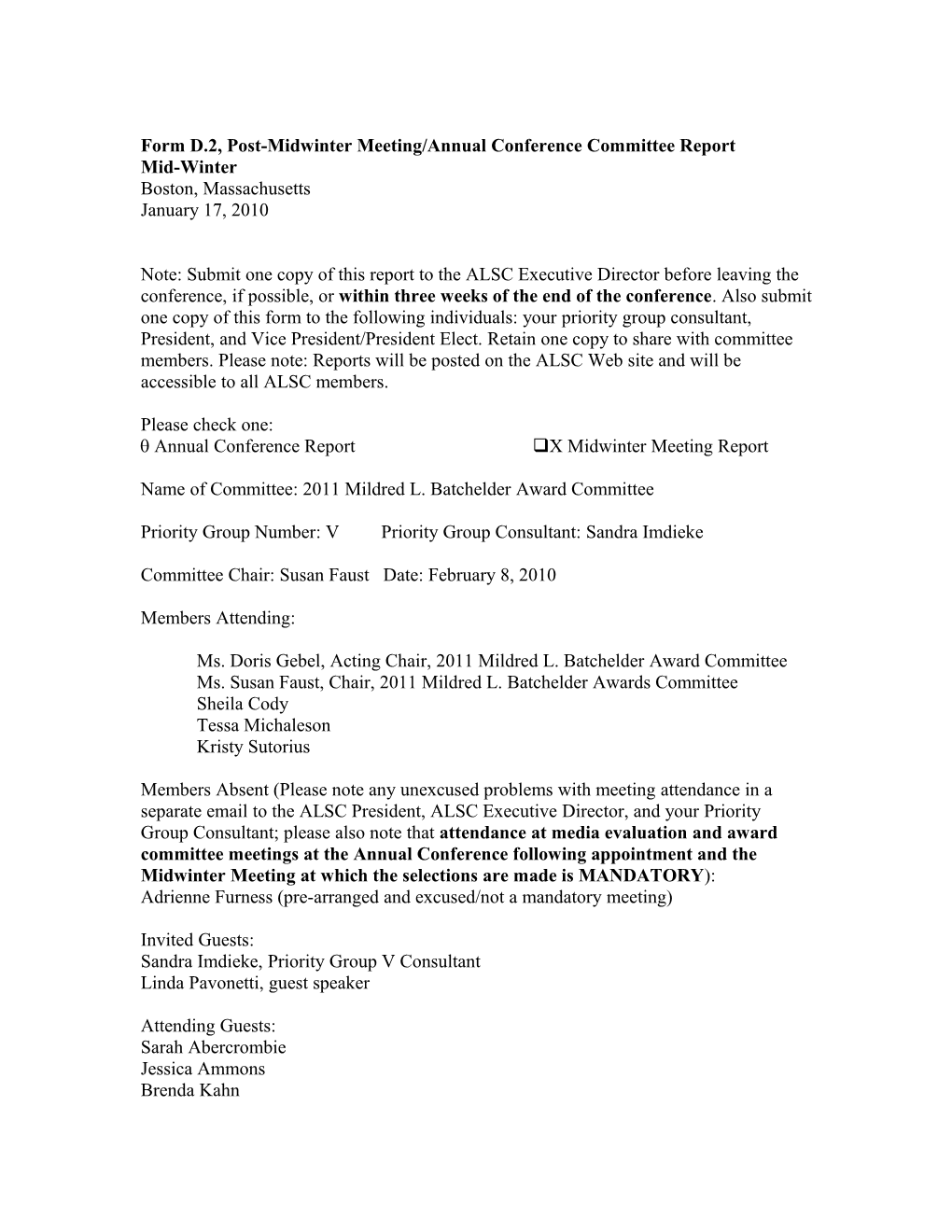 Form D.2, Post-Midwinter Meeting/Annual Conference Committee Report