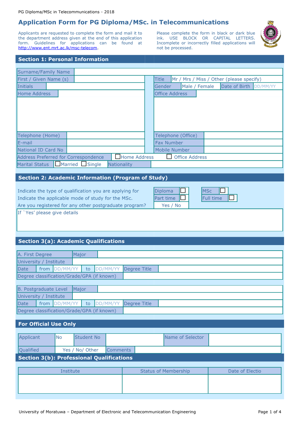 Application Form for PG Diploma/Msc