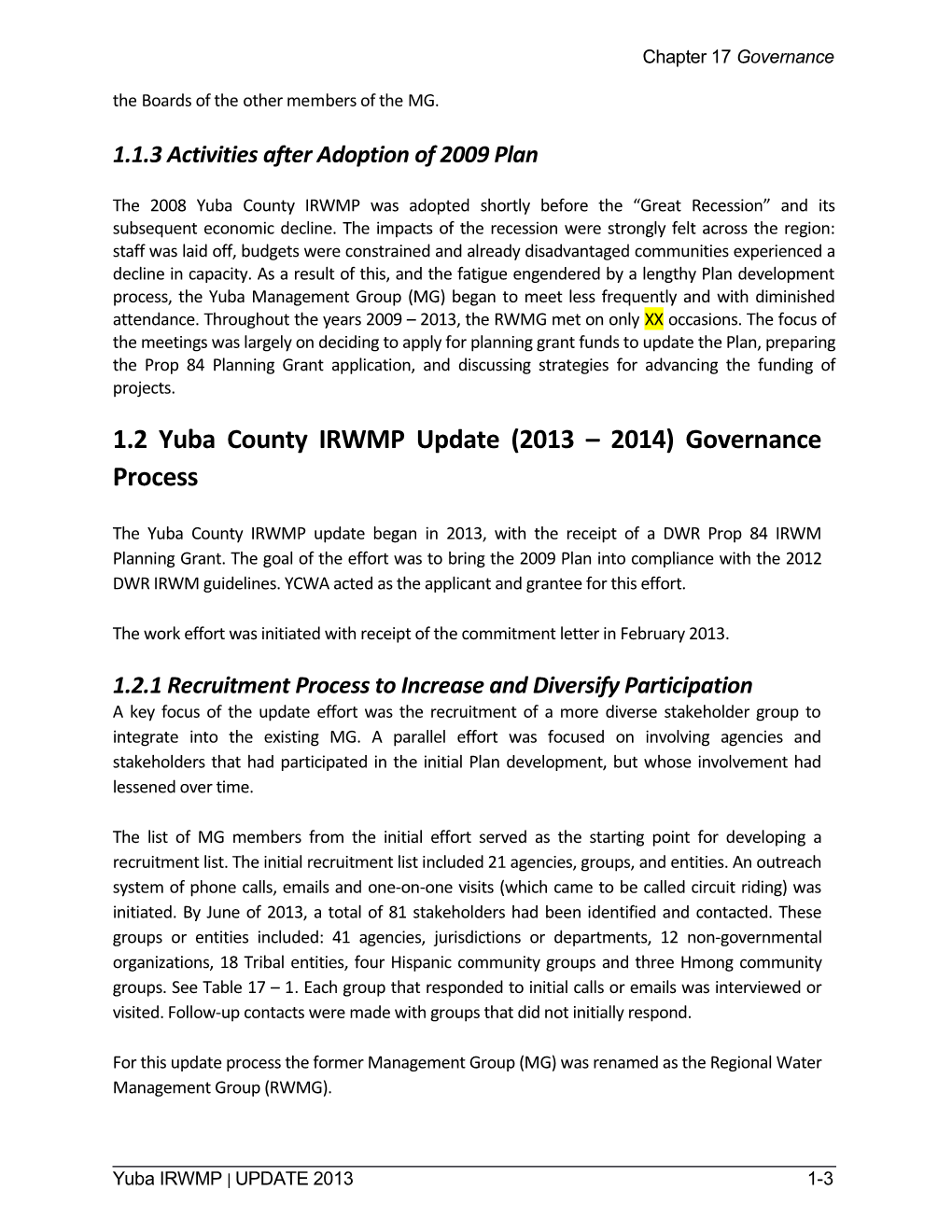 1.1 Governance, Adoption and Implementation 2009 IRWMP