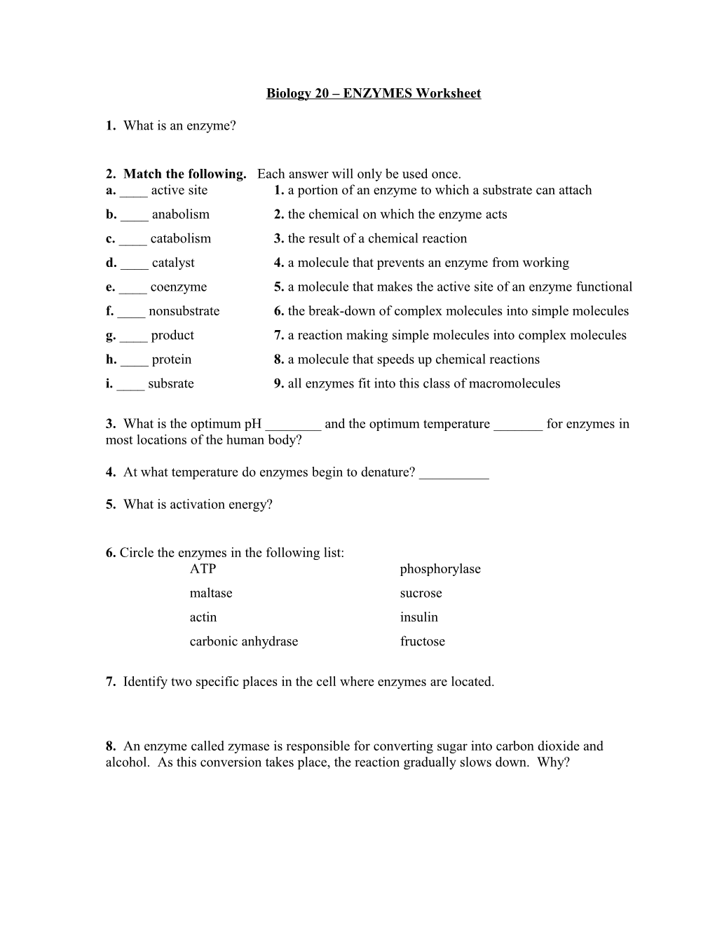 Biology 20 ENZYMES Worksheet