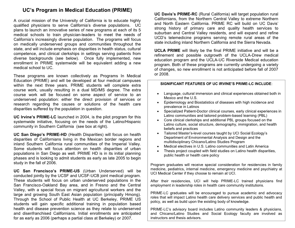 UC S Program in Medical Education (PRIME)