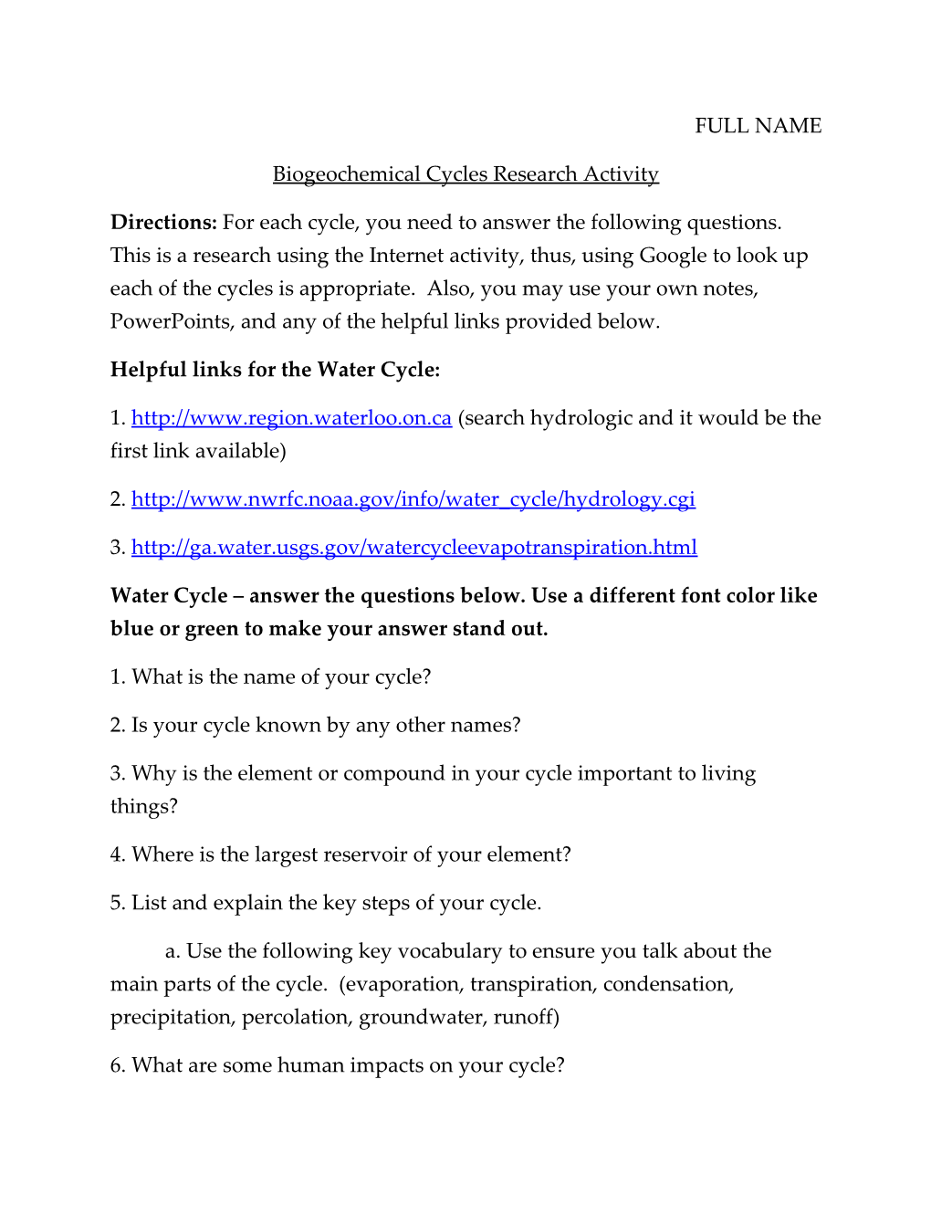 Biogeochemical Cycles Research Activity
