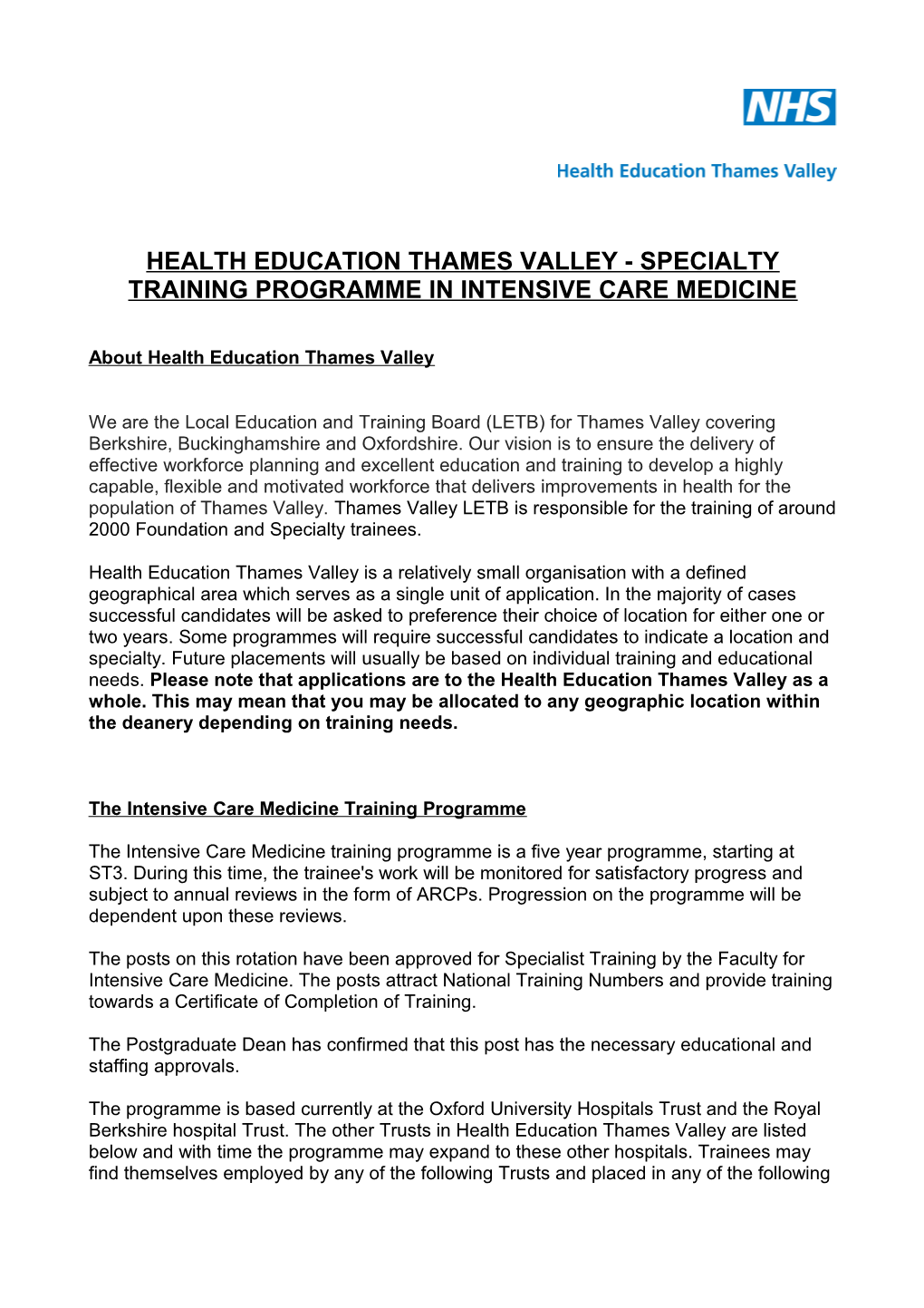 Health Education Thames Valley - Specialty Training Programme in Intensive Care Medicine