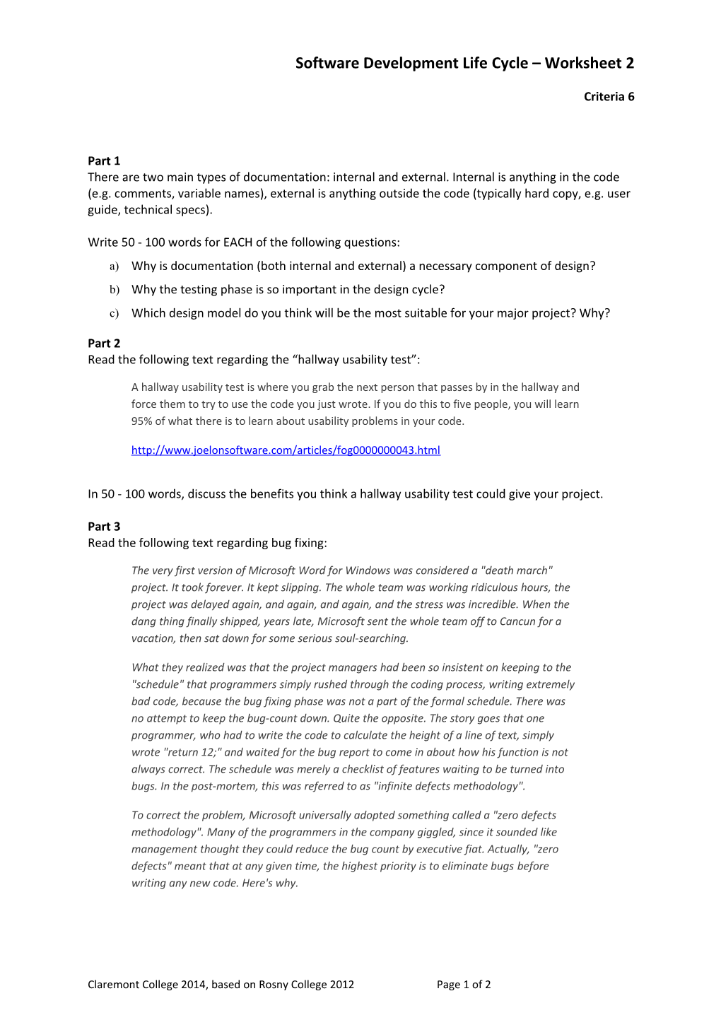 Software Development Life Cycle Worksheet 2