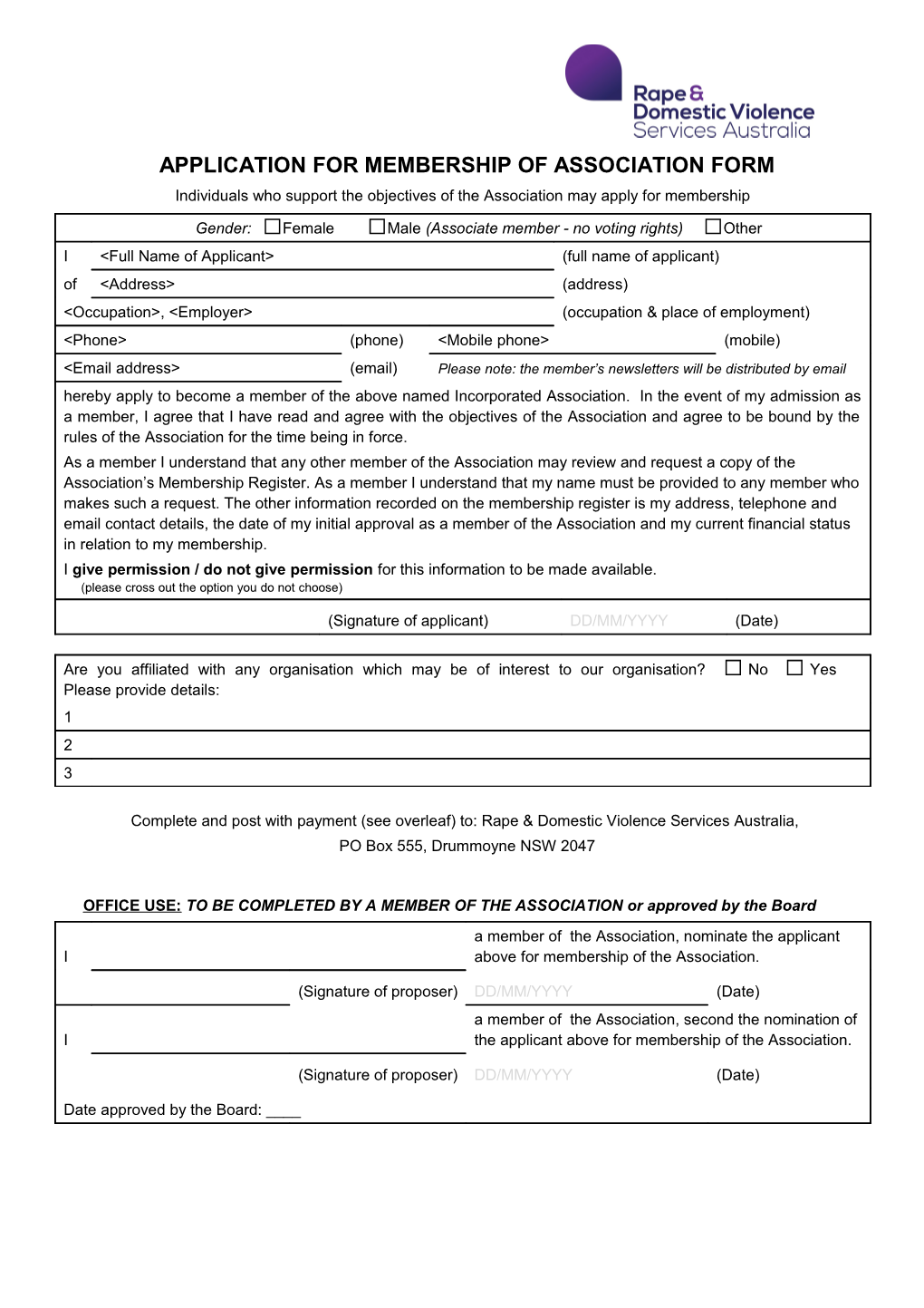 Application for Membership of Association