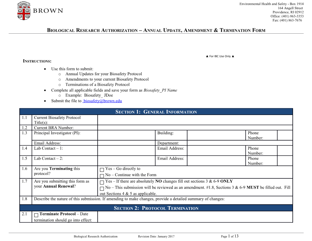 Biological Research Authorization Annual Update, Amendment & Termination Form