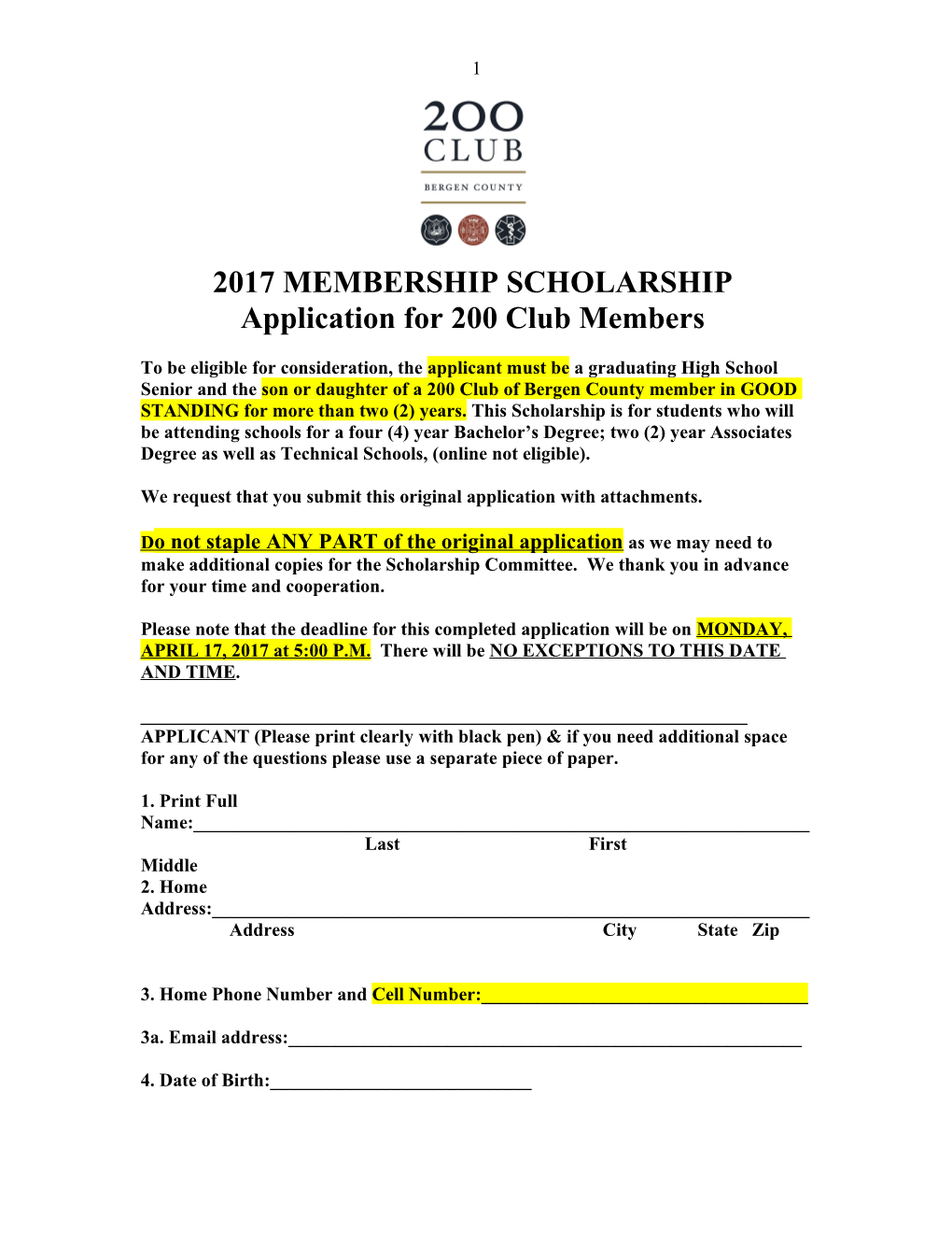 Application for 200 Club Members