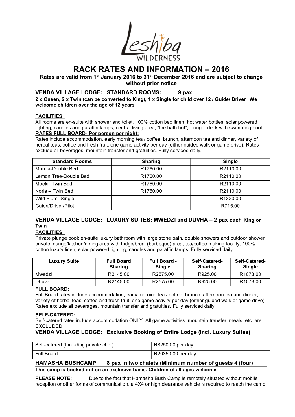 Rack Rates and Information 2016