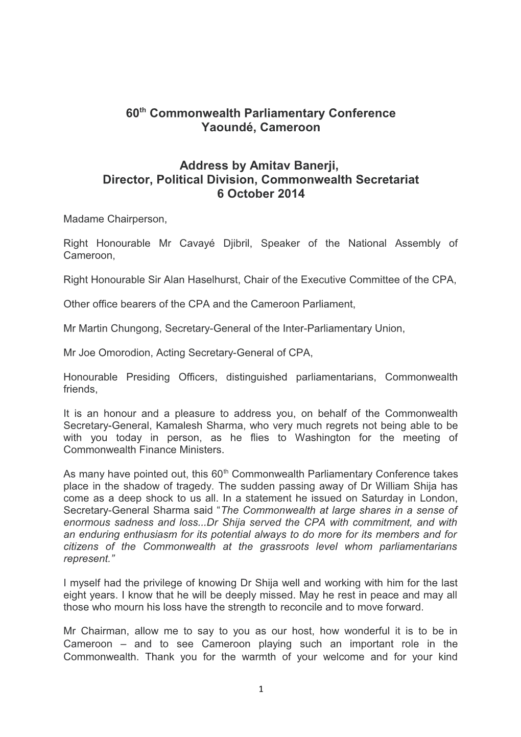 60Th Commonwealth Parliamentary Association Conference