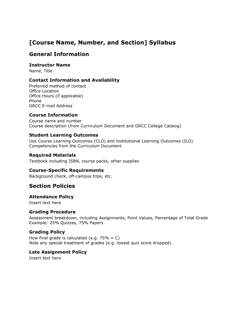 Course Name, Number, and Section Syllabus