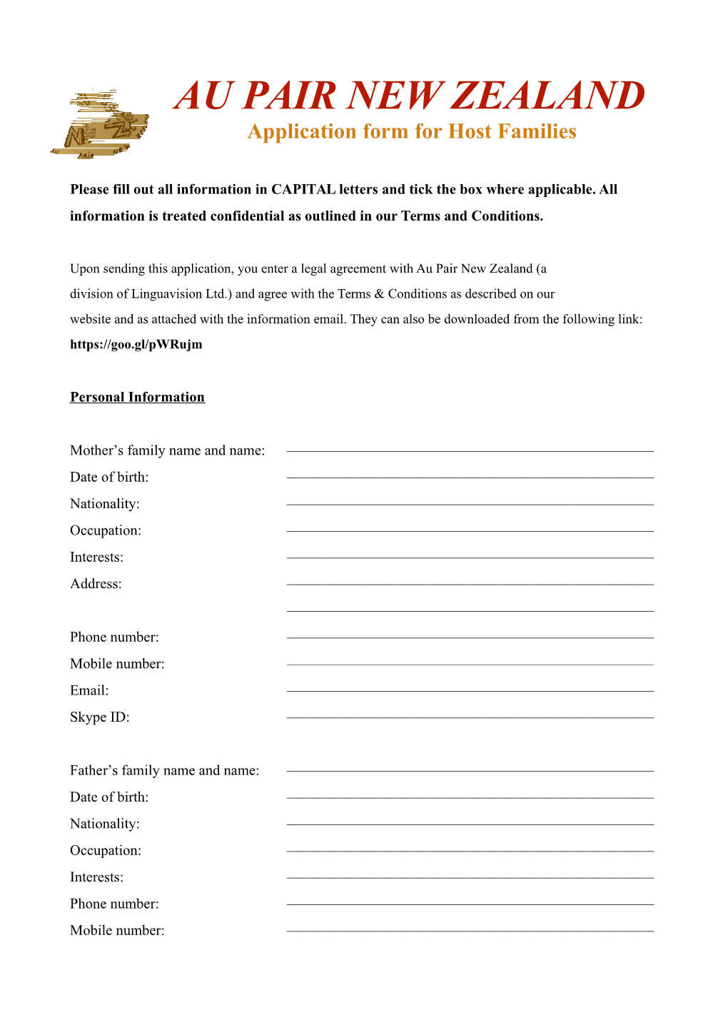Application Form for Host Families