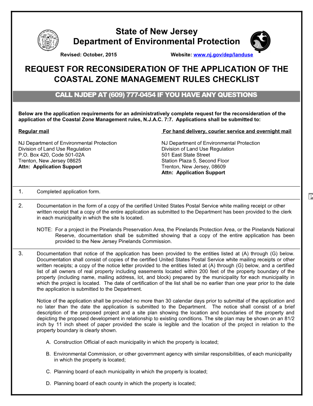 REQUEST for Reconsideration of the Application of the Coastal Zone Management Rules CHECKLIST