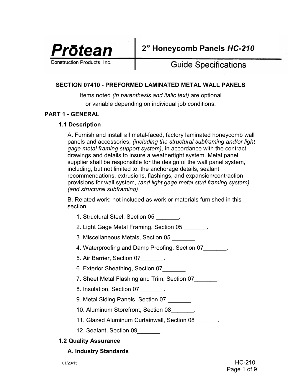 Section 07410 - Preformed Laminated Metal Wall Panels