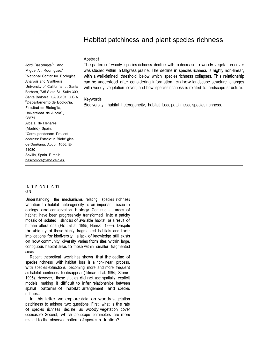 Habitat Patchiness and Plant Species Richness