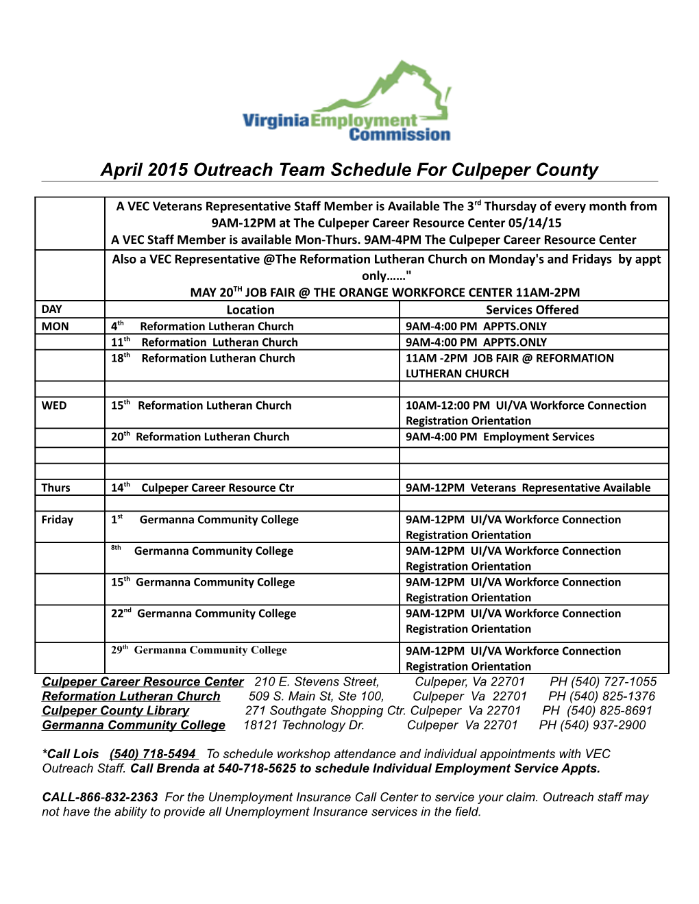 April 2015 Outreach Team Schedule for Culpeper County